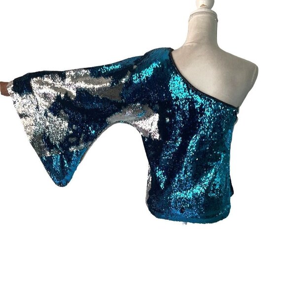 KY Womens Sequin Off The Shoulder Top Size Medium Custom Made Dramatic Sleeve - Picture 2 of 10
